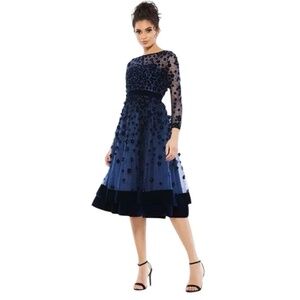 New Mac Duggal Navy Illusion High Neck Long Sleeve Fit Flare Dress Size 8